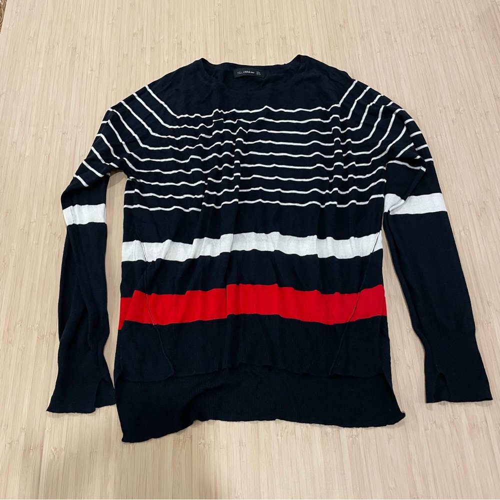 Zara navy white red crew neck knit sweater medium